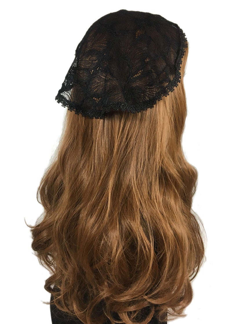 PAMOR Chapel Cap Veil Floral Lace Mantilla Inspired Circle Round Head Covering (Black) - Image 2